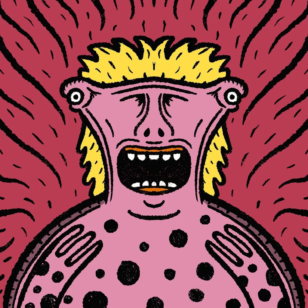 A stylized pink creature with yellow hair and wide mouth is centered against a radiating red background, outlined in thick black lines.