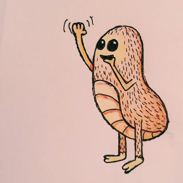 A stylized, brown creature with stripes stands on two legs, waving its right arm in a simple cartoon drawing on a light background.