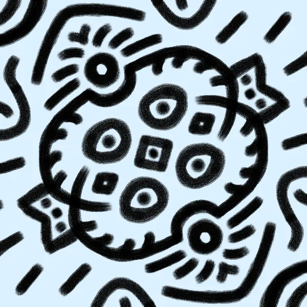 Black, thick, abstract lines form a central circular motif with internal squares and circles, surrounded by radiating, curved, and linear patterns on a pale blue background.