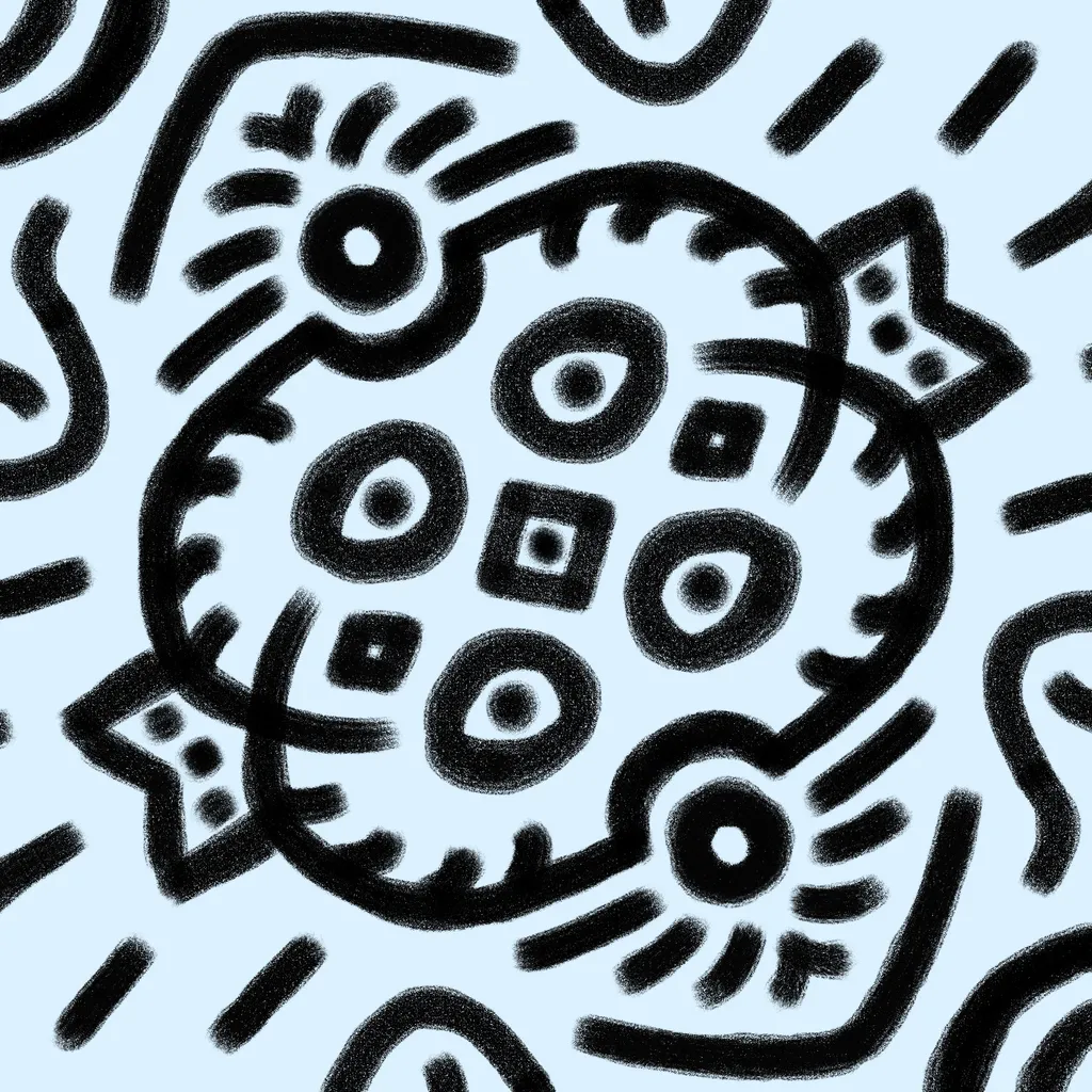 Black, thick, abstract lines form a central circular motif with internal squares and circles, surrounded by radiating, curved, and linear patterns on a pale blue background.