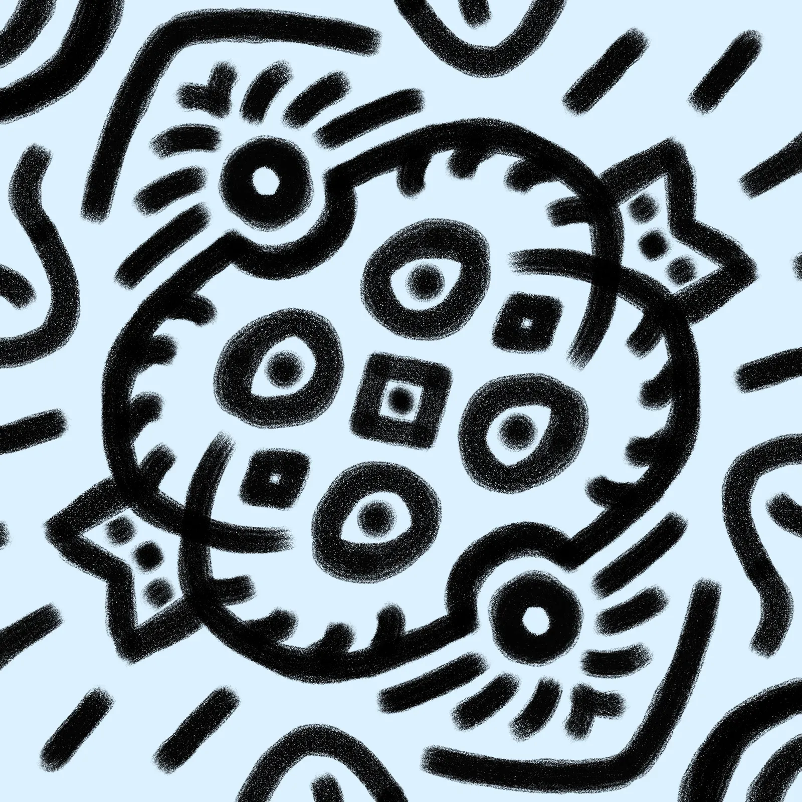 Black, thick, abstract lines form a central circular motif with internal squares and circles, surrounded by radiating, curved, and linear patterns on a pale blue background.