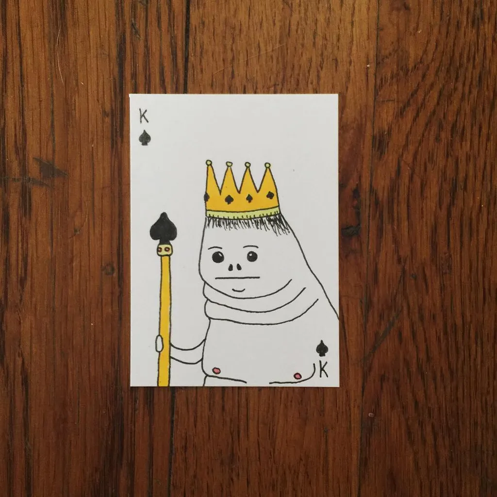 Two white playing cards featuring a cartoon King of Spades with a crown and staff are stacked on a dark brown wooden surface, showing visible wood grain.