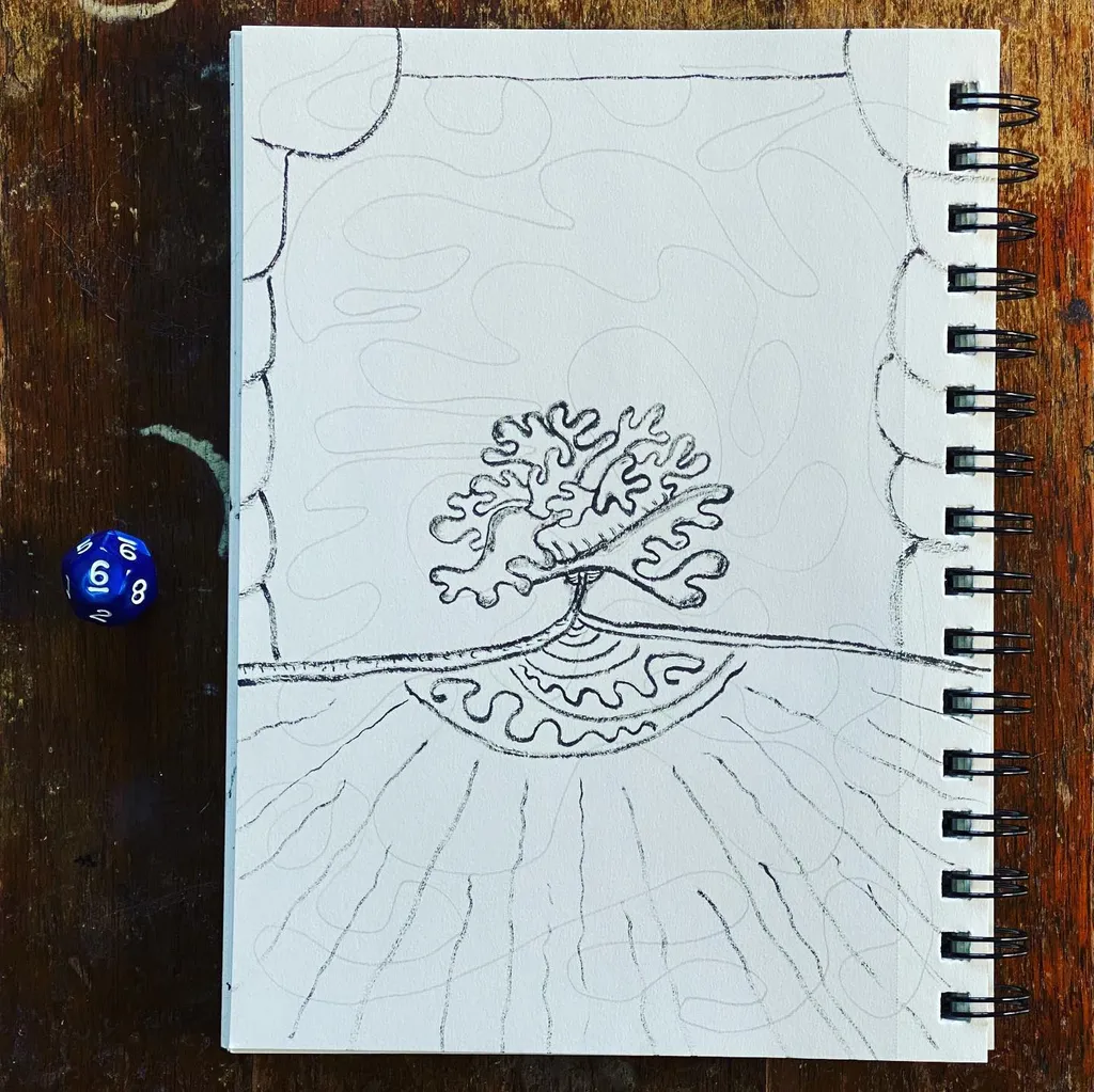 A black and white pencil drawing of a coral reef on a spiral notebook page, placed on dark wood next to a blue die marked 8.