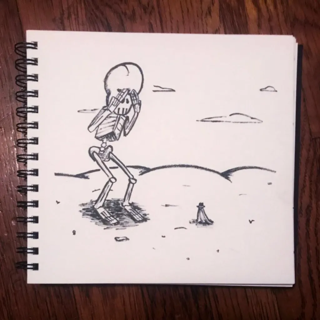 A sketchy black drawing on white paper depicts a skeletal figure standing in a simple landscape with curved ground lines and a small cone-shaped object in the distance.