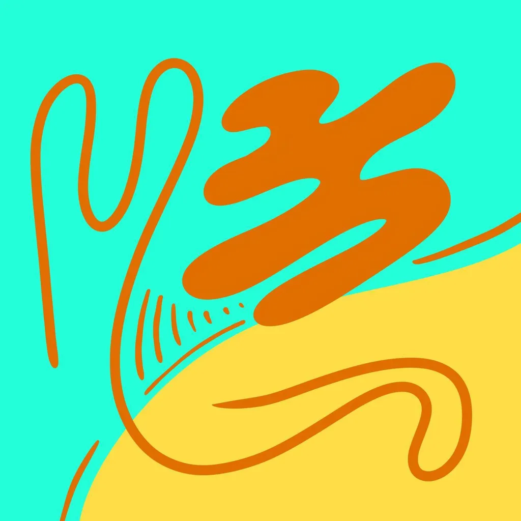 Bright orange abstract marks fill a composition split between teal and yellow, featuring a large curved shape, a vertical line, and small parallel scribbles.