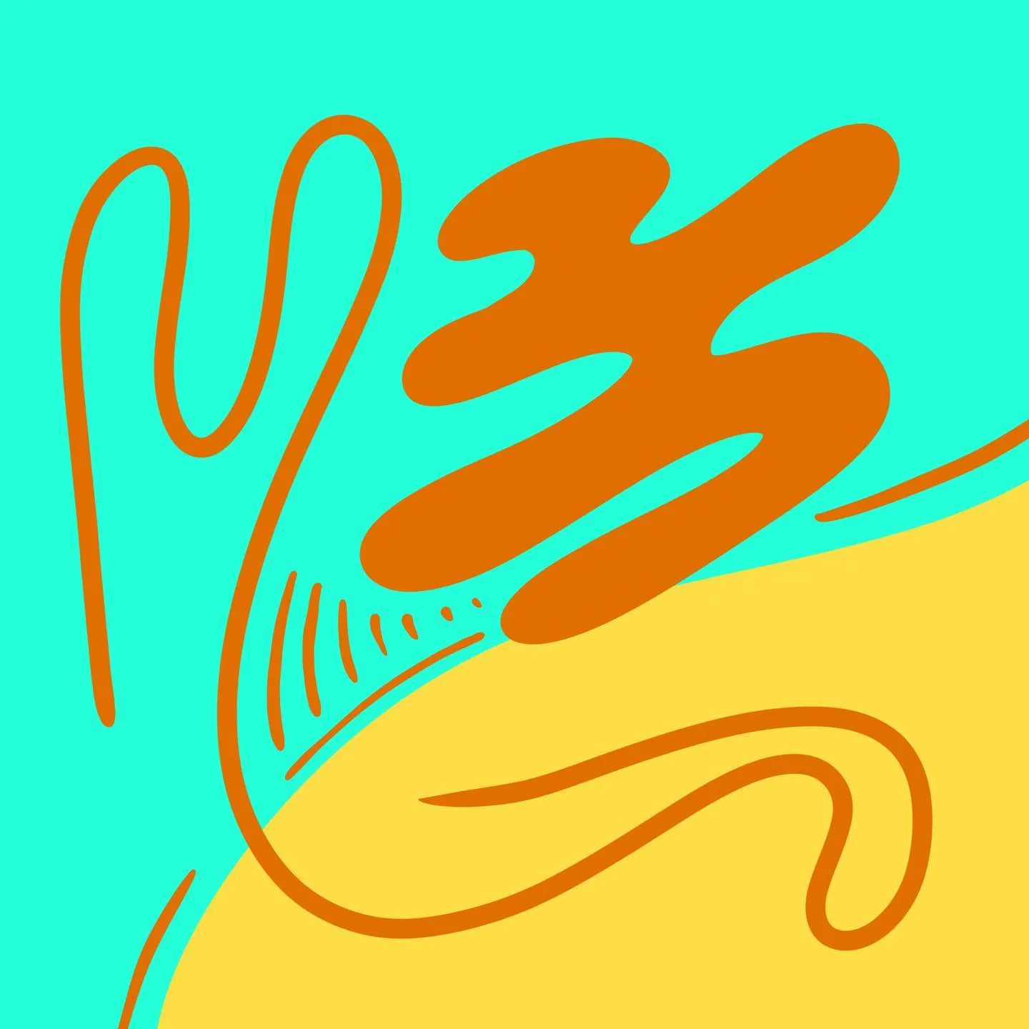 Bright orange abstract marks fill a composition split between teal and yellow, featuring a large curved shape, a vertical line, and small parallel scribbles.
