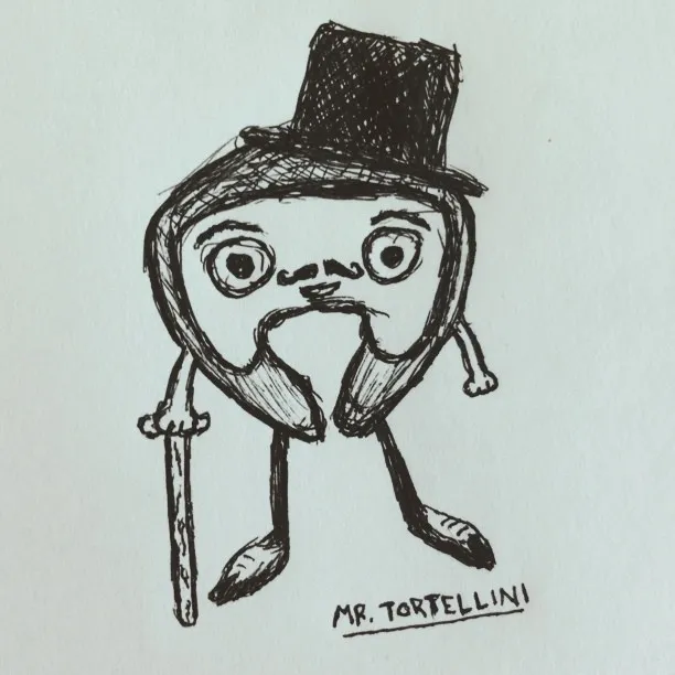 A black and white sketch of a cartoon character resembling a filled pasta, wearing a top hat and standing with stick-like legs.