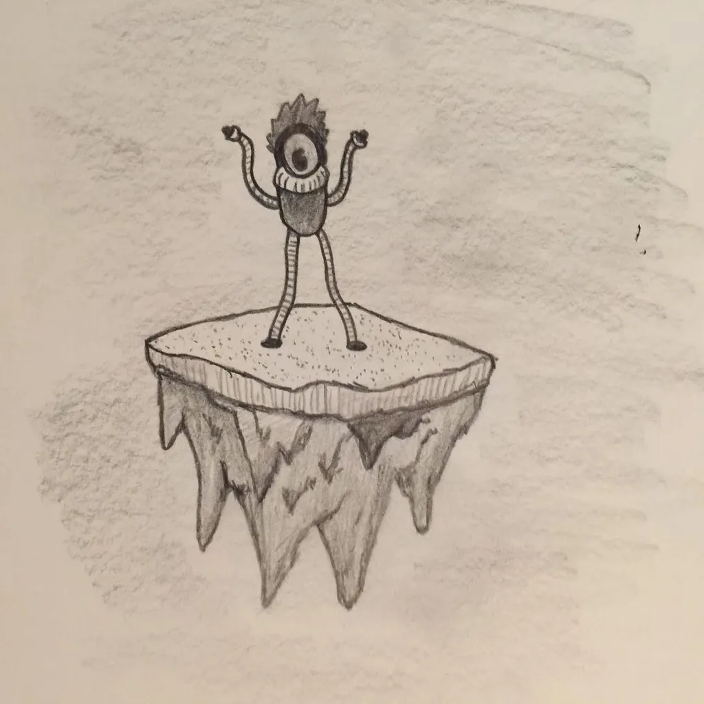 A graphite sketch depicts a squat, stylized figure with large eyes and spiky hair, balanced on a circular pedestal that features dripping, uneven edges.