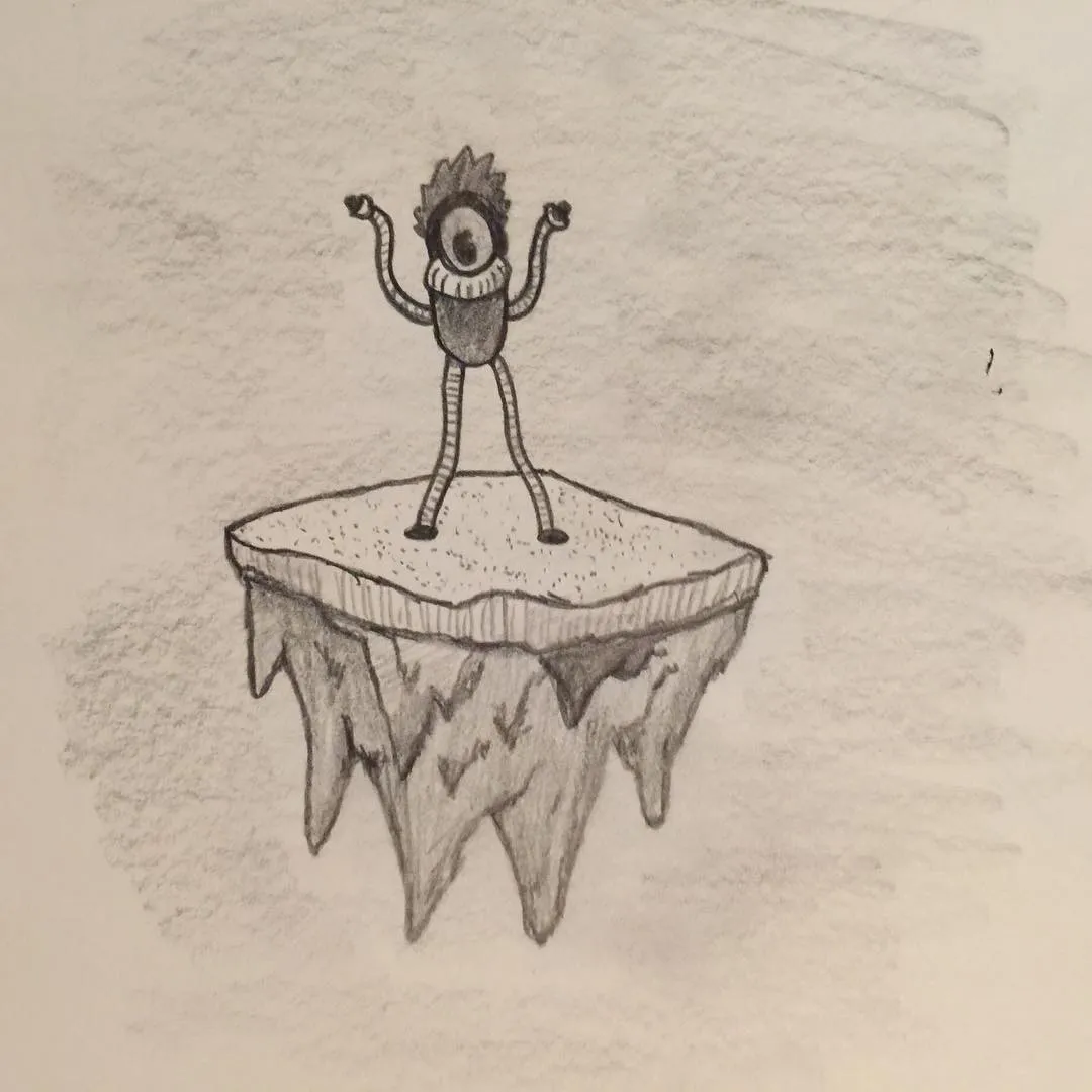A graphite sketch depicts a squat, stylized figure with large eyes and spiky hair, balanced on a circular pedestal that features dripping, uneven edges.