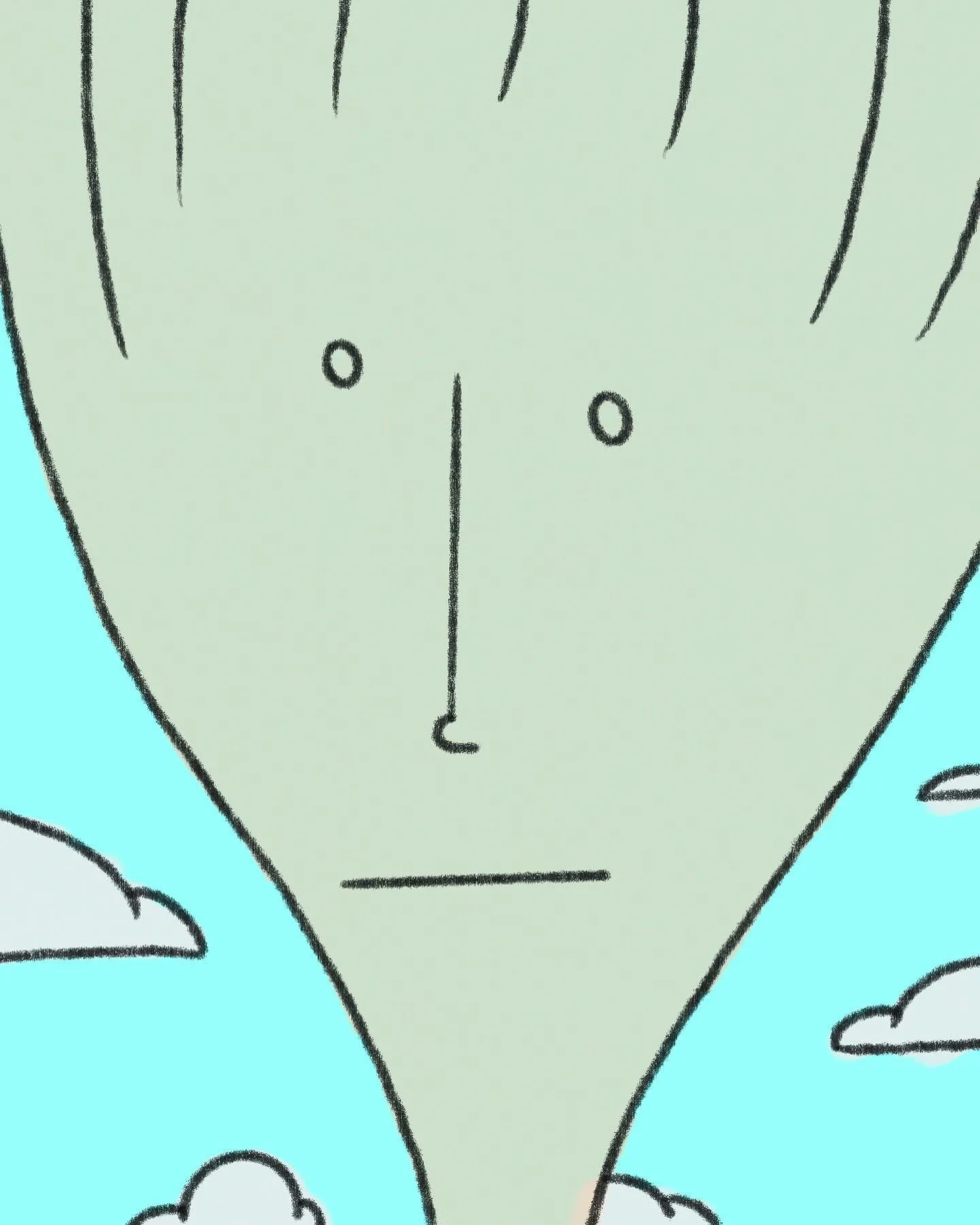 A stylized, pale green face with simple features is centered against a light blue background containing white clouds, marked by radiating vertical black lines.