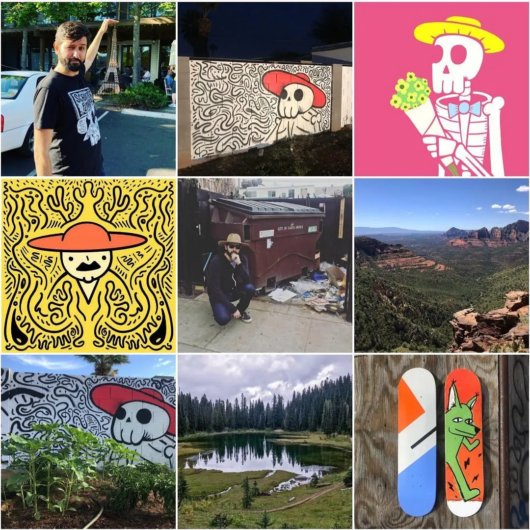 The image is a grid of panels showing street art, a man, a landscape, and stylized skull figures on bright pink backgrounds, completing the composition with two vertical striped objects.