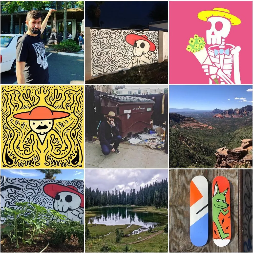 The image is a grid of panels showing street art, a man, a landscape, and stylized skull figures on bright pink backgrounds, completing the composition with two vertical striped objects.