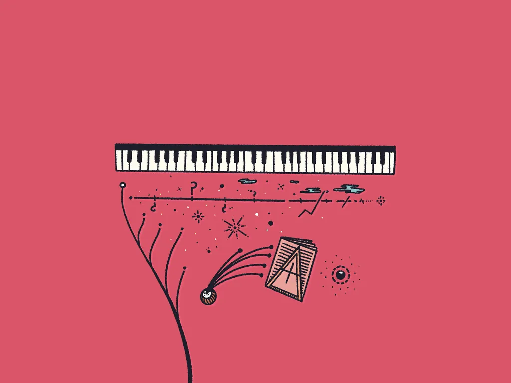 Black line art on a coral background depicts a row of piano keys, a musical staff with notes, and abstract linear elements including radiating lines and a geometric house shape.
