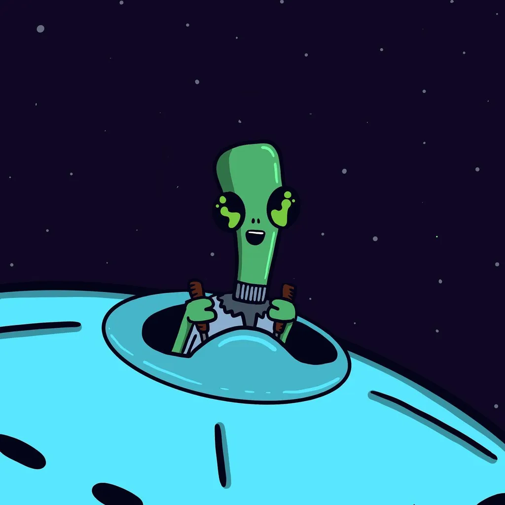 Against a dark starry background, a bright green alien emerges from a light blue, circular opening in a planet, holding two brown sticks.