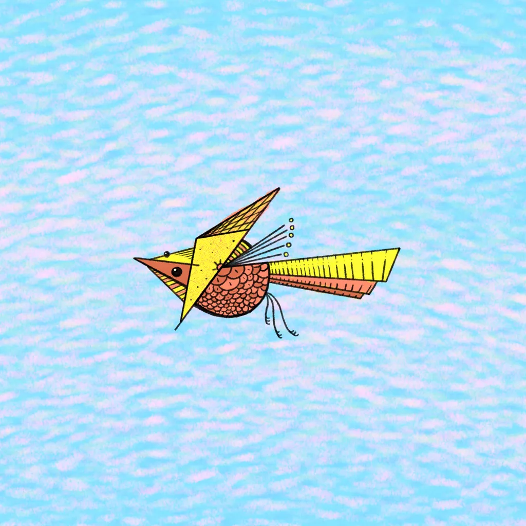 A stylized, horizontally flying creature with a pointed beak, segmented brown body, and striped yellow wings is set against a light blue, textured background.