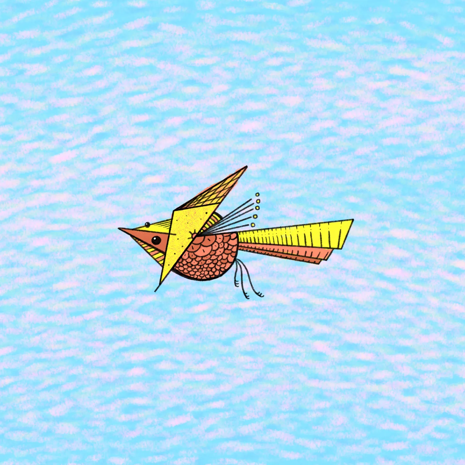 A stylized, horizontally flying creature with a pointed beak, segmented brown body, and striped yellow wings is set against a light blue, textured background.