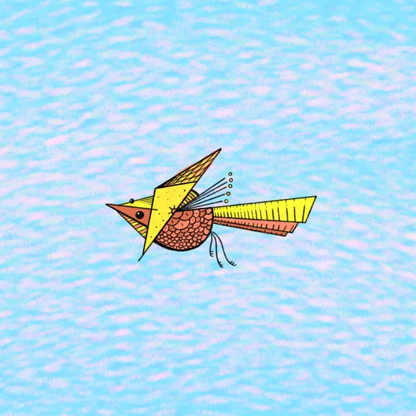 A stylized, horizontally flying creature with a pointed beak, segmented brown body, and striped yellow wings is set against a light blue, textured background.