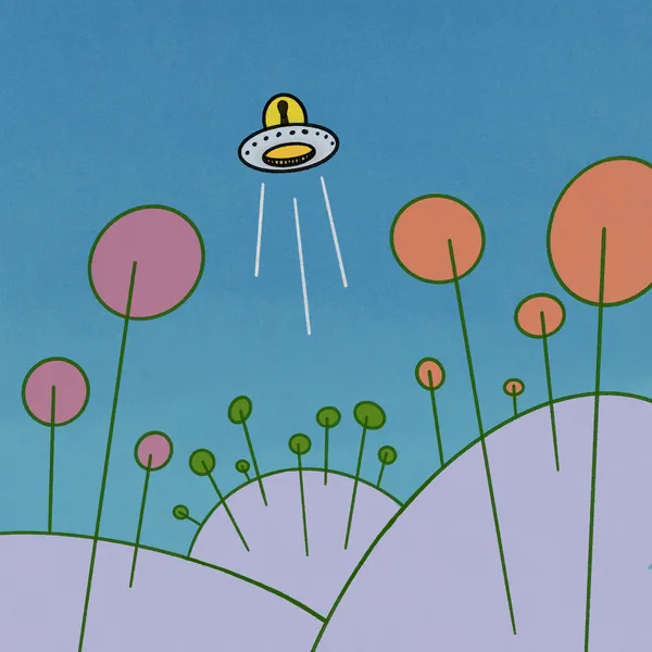 A stylized landscape features rolling lavender hills and a blue sky, populated by a central flying saucer and numerous colored circles of pink, orange, and green on thin stems.