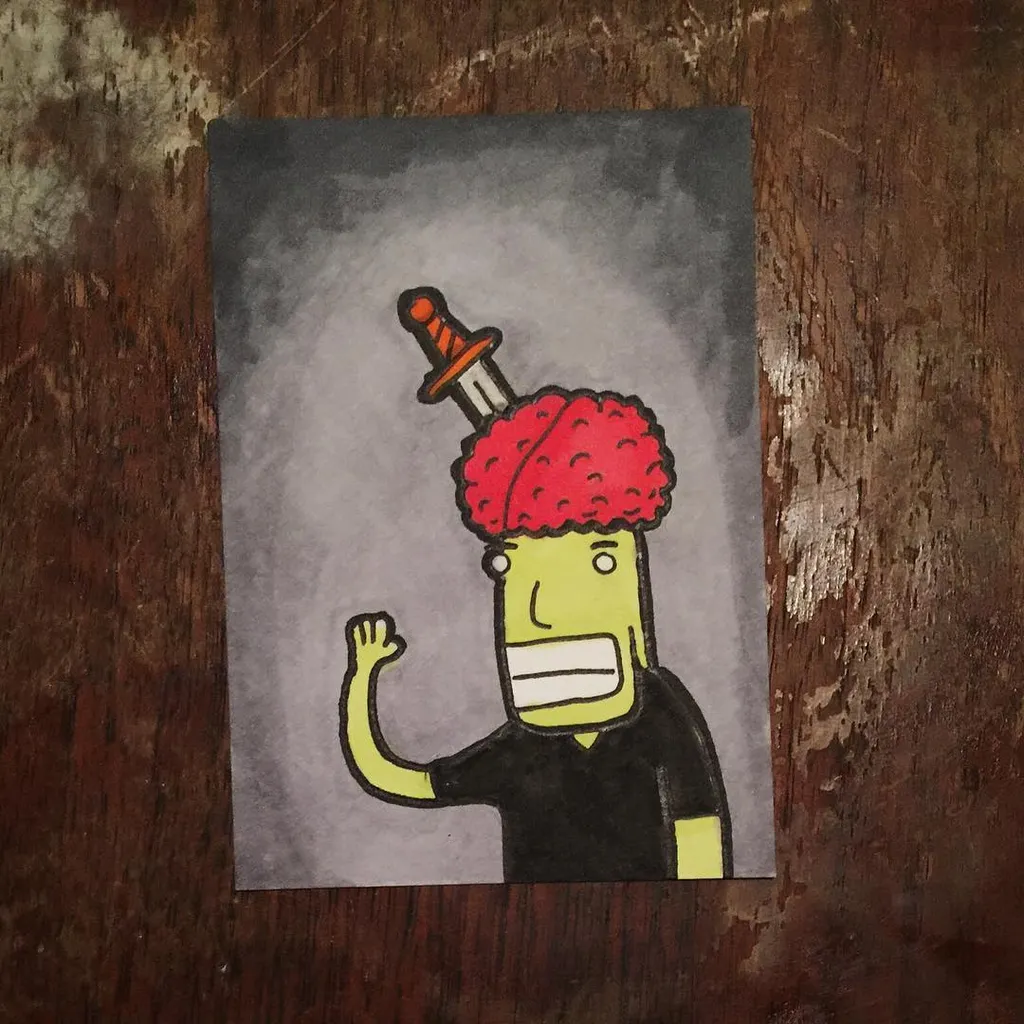 A stylized cartoon figure with pale green skin, a bright red textured head, and a small orange object, raises a fist against a solid gray background on a wooden surface.