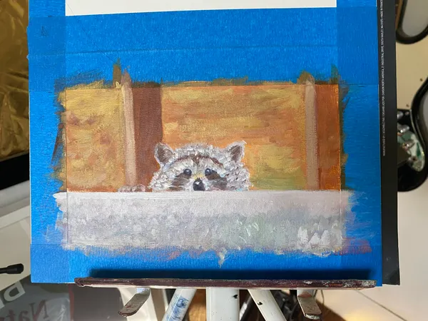 A raccoon peeks over a horizontal white band, set against a background of vertical orange and brown strokes, all contained within a solid blue border.