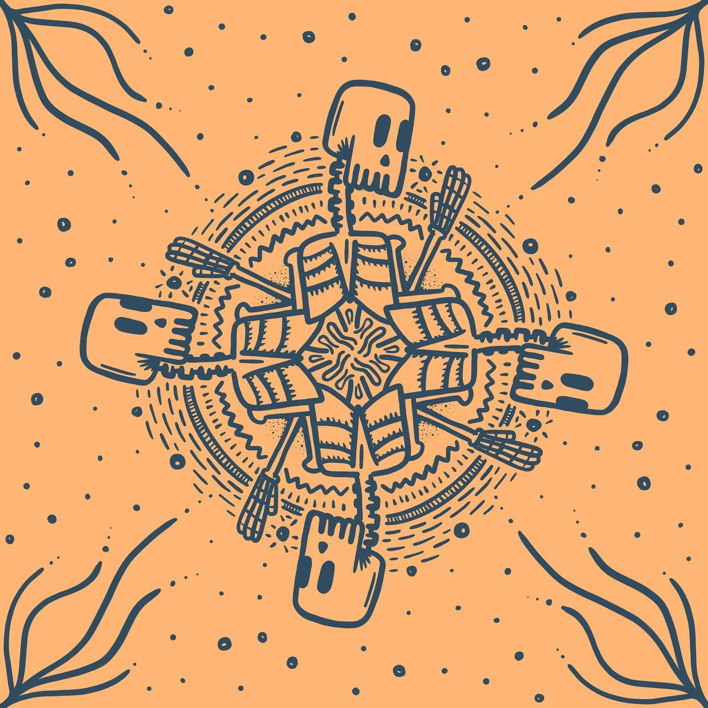 Dark blue outlines create a symmetrical pattern on orange, featuring a central ring of stylized skulls and bones, surrounded by radiating lines and several larger skulls.