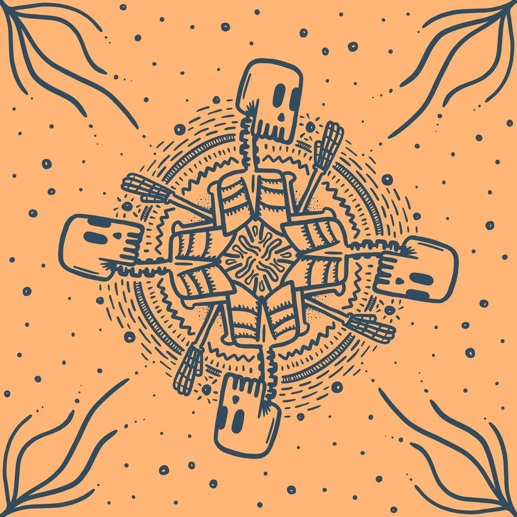 Dark blue outlines create a symmetrical pattern on orange, featuring a central ring of stylized skulls and bones, surrounded by radiating lines and several larger skulls.