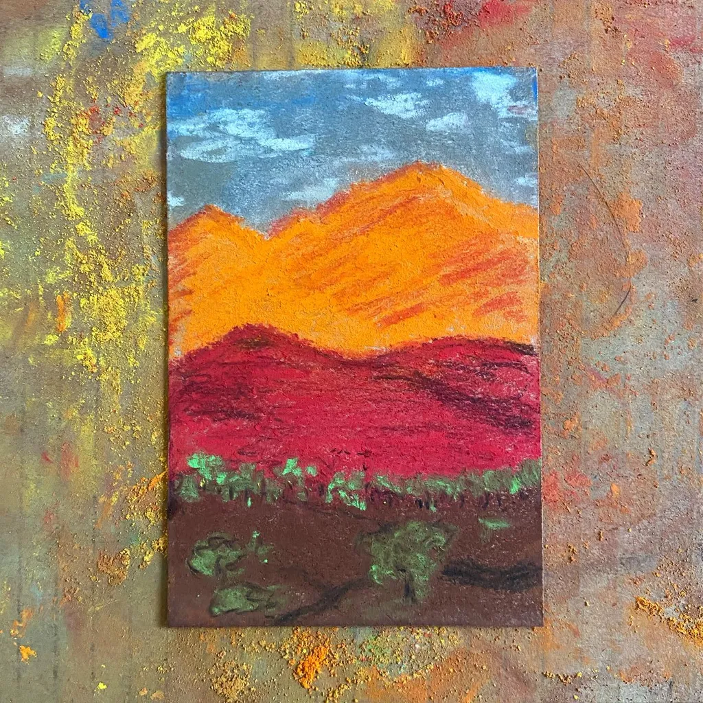 A landscape painting featuring layered horizontal bands of color: a blue and orange sky above bright orange mountains, followed by deep red hills, and a dark brown foreground with green strokes.