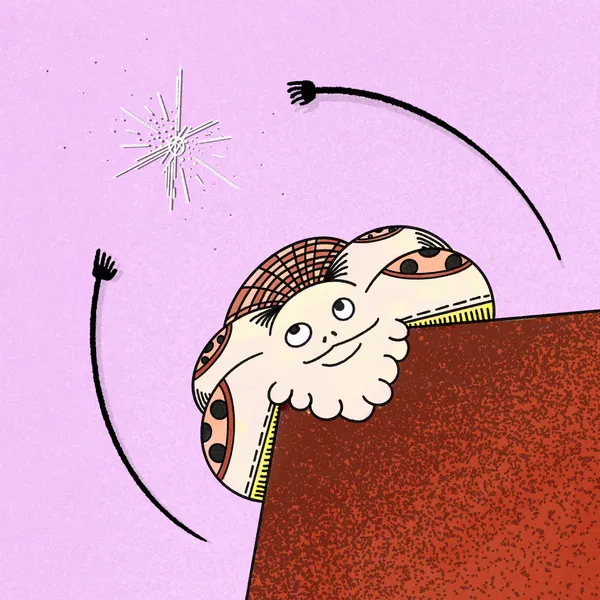 A stylized character with a patterned headpiece peeks over a speckled reddish-brown surface, set against a light pink background framed by black curved lines and two starburst marks.