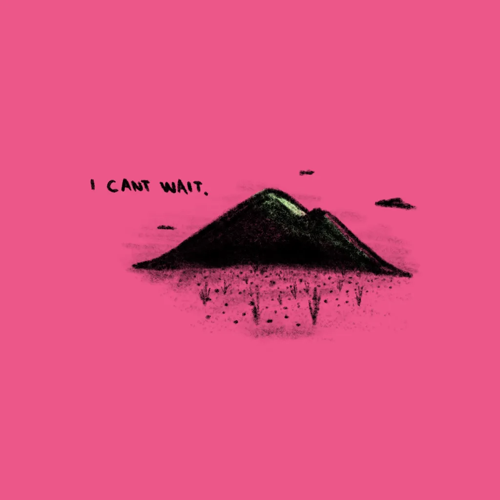 A dark, textured mountain is centered on a bright pink background, accompanied by the text I CANT WAIT. and small black cloud marks.