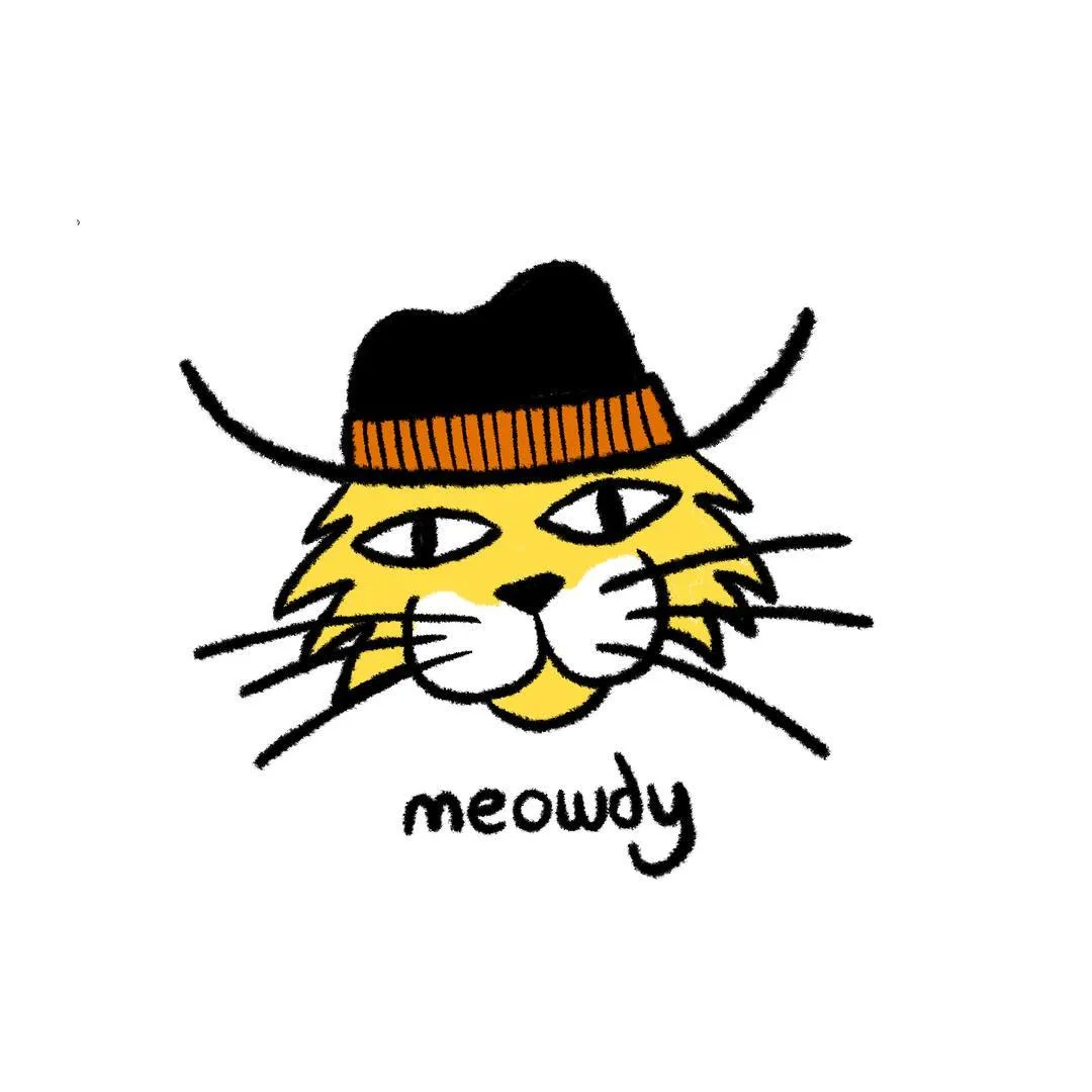 A stylized yellow cat face with whiskers and eyes, wearing a black hat with an orange band, accompanied by the handwritten word meowdy.