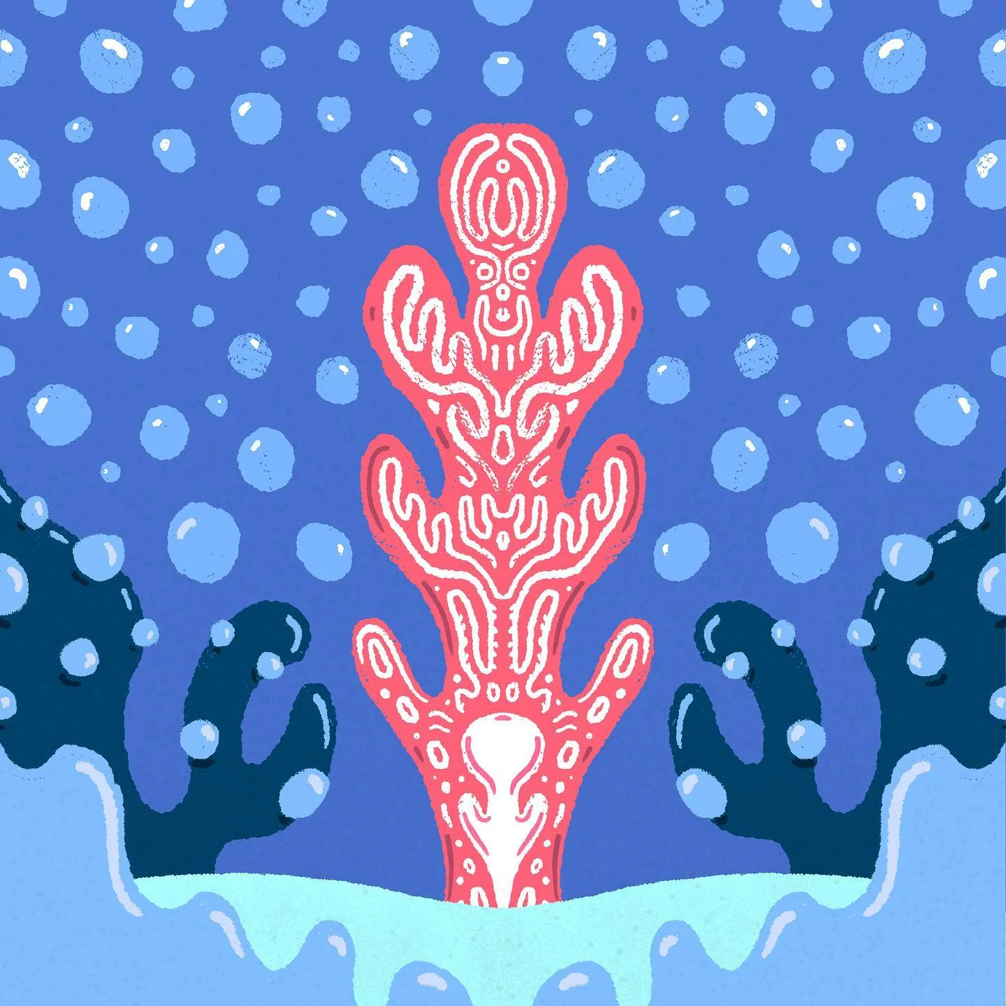 A stylized underwater composition shows a central red coral structure flanked by dark blue branching corals, set against a deep blue background dotted with light blue bubbles and resting on a light blue seabed.