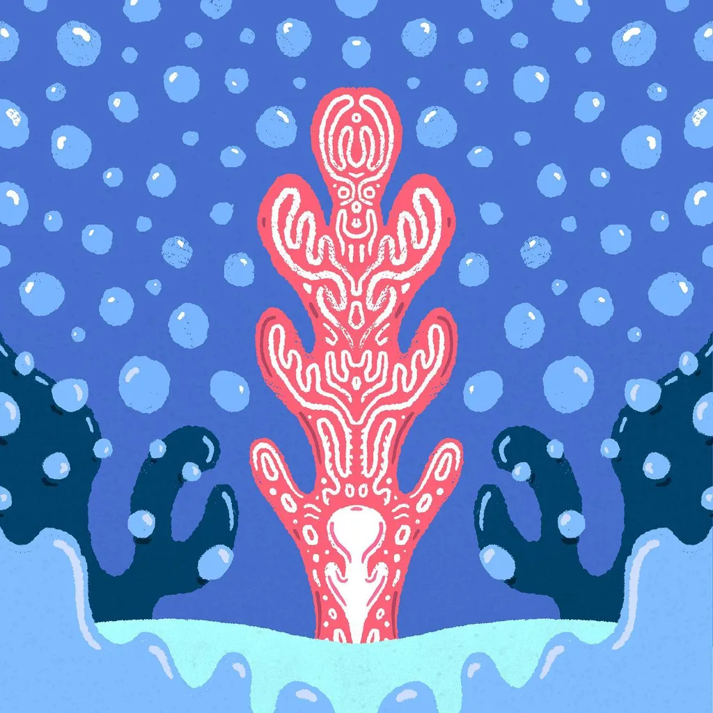 A stylized underwater composition shows a central red coral structure flanked by dark blue branching corals, set against a deep blue background dotted with light blue bubbles and resting on a light blue seabed.