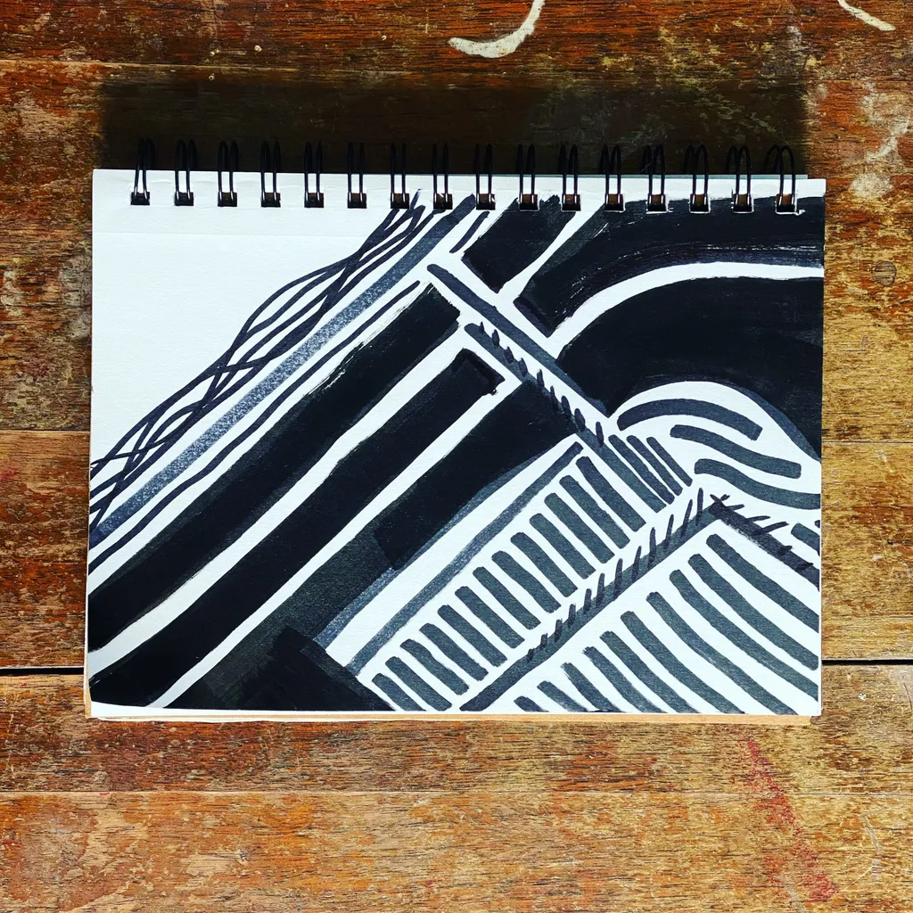 Monochromatic abstract drawing featuring a spiraling composition of geometric shapes, defined by thick curved lines and repetitive parallel stripes on a white page.