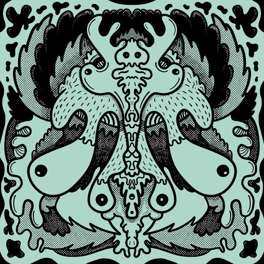 A symmetrical, stylized mask in teal and black, featuring large eyes and feather-like elements filled with dense cross-hatching, framed by a repeating decorative border.