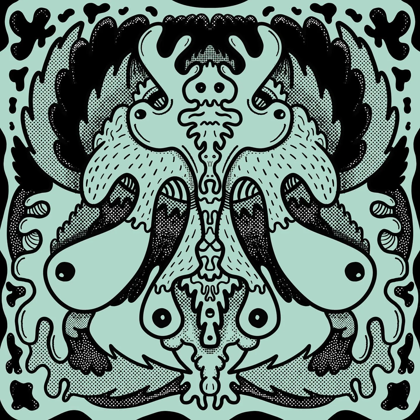 A symmetrical, stylized mask in teal and black, featuring large eyes and feather-like elements filled with dense cross-hatching, framed by a repeating decorative border.