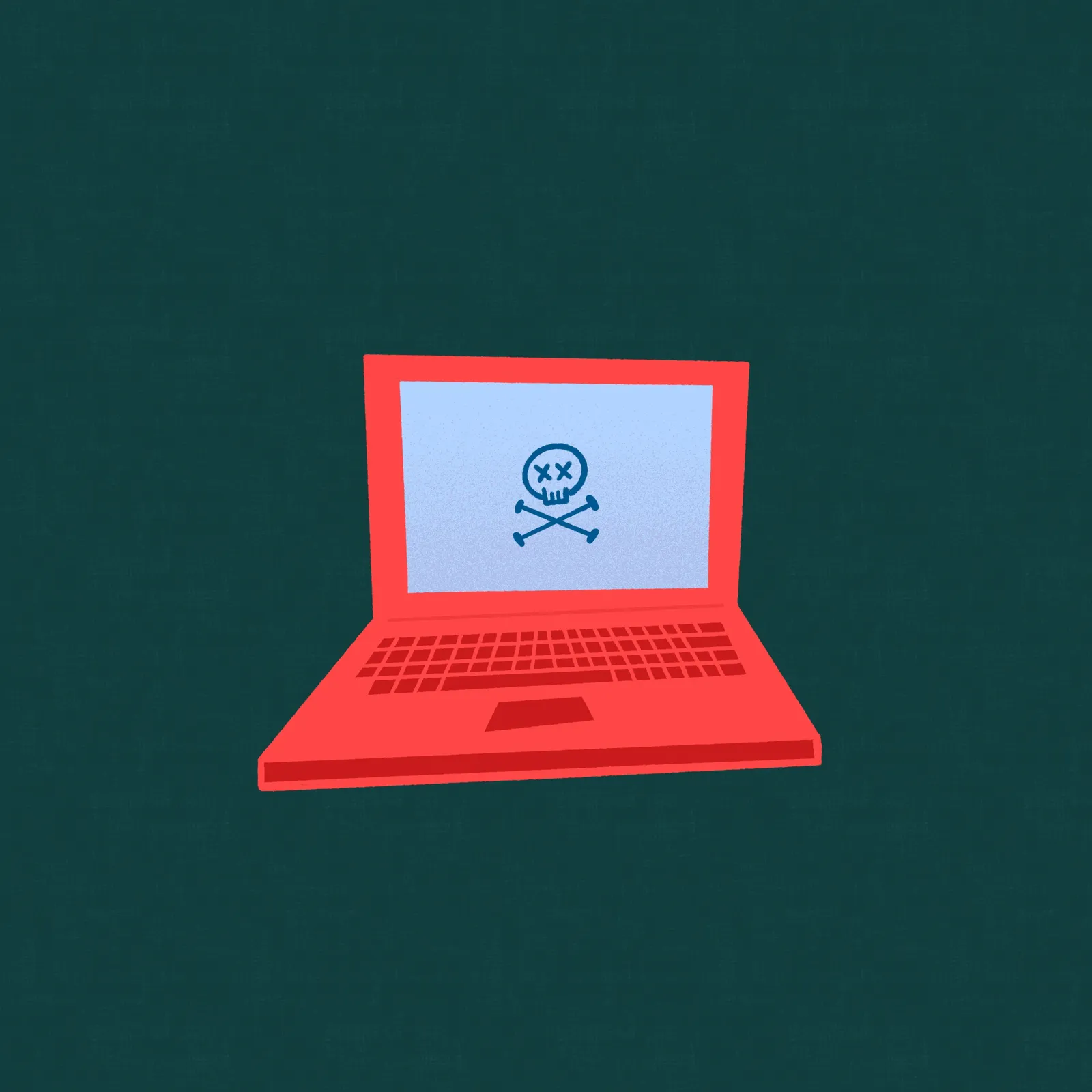 A red laptop is centered on a dark background, showing a light blue screen with a white skull and crossbones icon.
