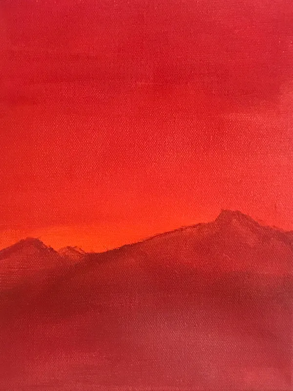 Silhouetted mountain layers in deep reds and oranges occupy the bottom third, set against a vast, textured field of saturated red and orange.