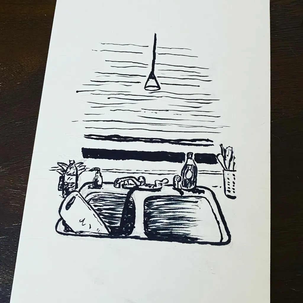 A linear black sketch depicts a still life arrangement on a surface, including a pineapple, bottles, and a basin, positioned beneath parallel horizontal lines and a hanging funnel shape.