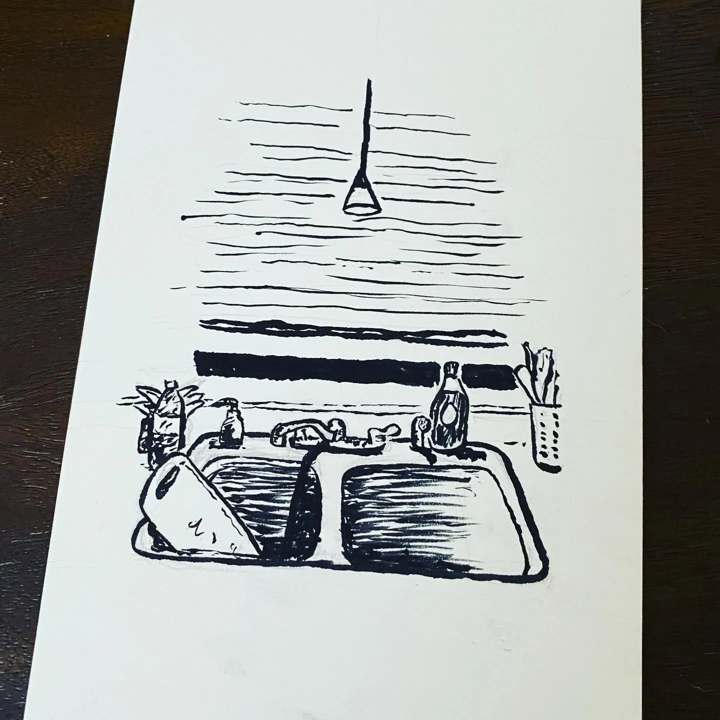 A linear black sketch depicts a still life arrangement on a surface, including a pineapple, bottles, and a basin, positioned beneath parallel horizontal lines and a hanging funnel shape.
