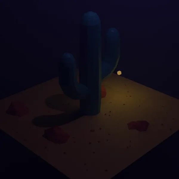 A group of stylized blue cacti dominates the center, set against a dark background and resting on a textured yellow ground plane dotted with small red rocks and a glowing yellow sphere.