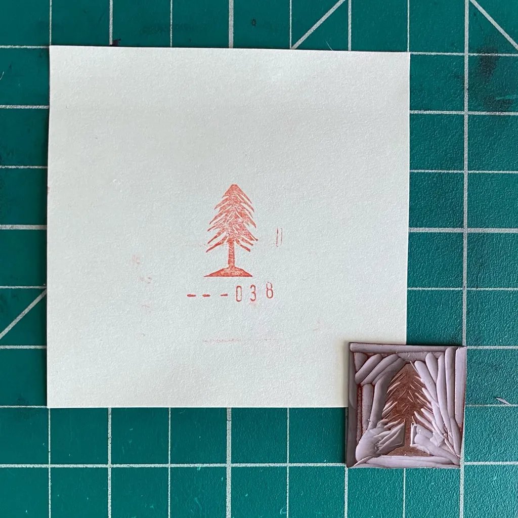 On a teal grid, a white card displays a stylized red pine tree and the number --038, alongside a small square piece featuring layered brown and white pine foliage.