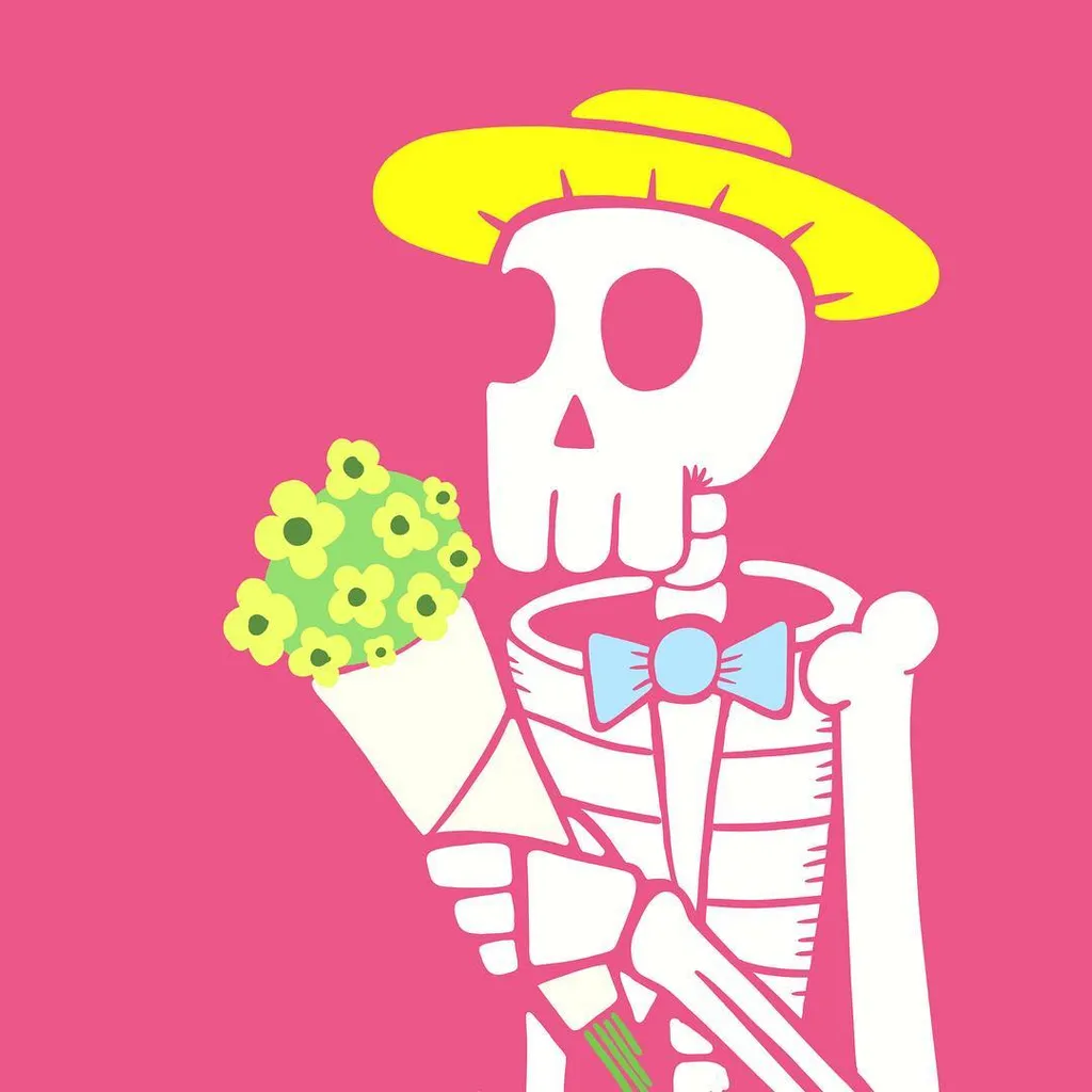 A stylized white skeleton wearing a yellow hat and blue bow tie stands against a bright pink background, holding a yellow and green bouquet and a white object.