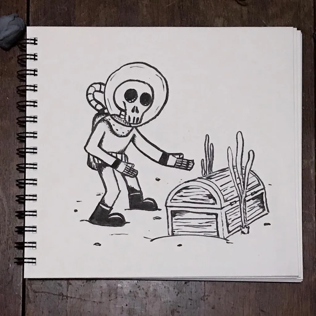 Black line art depicts a cartoon skull-headed figure standing beside a rectangular wooden container from which several sticks emerge.