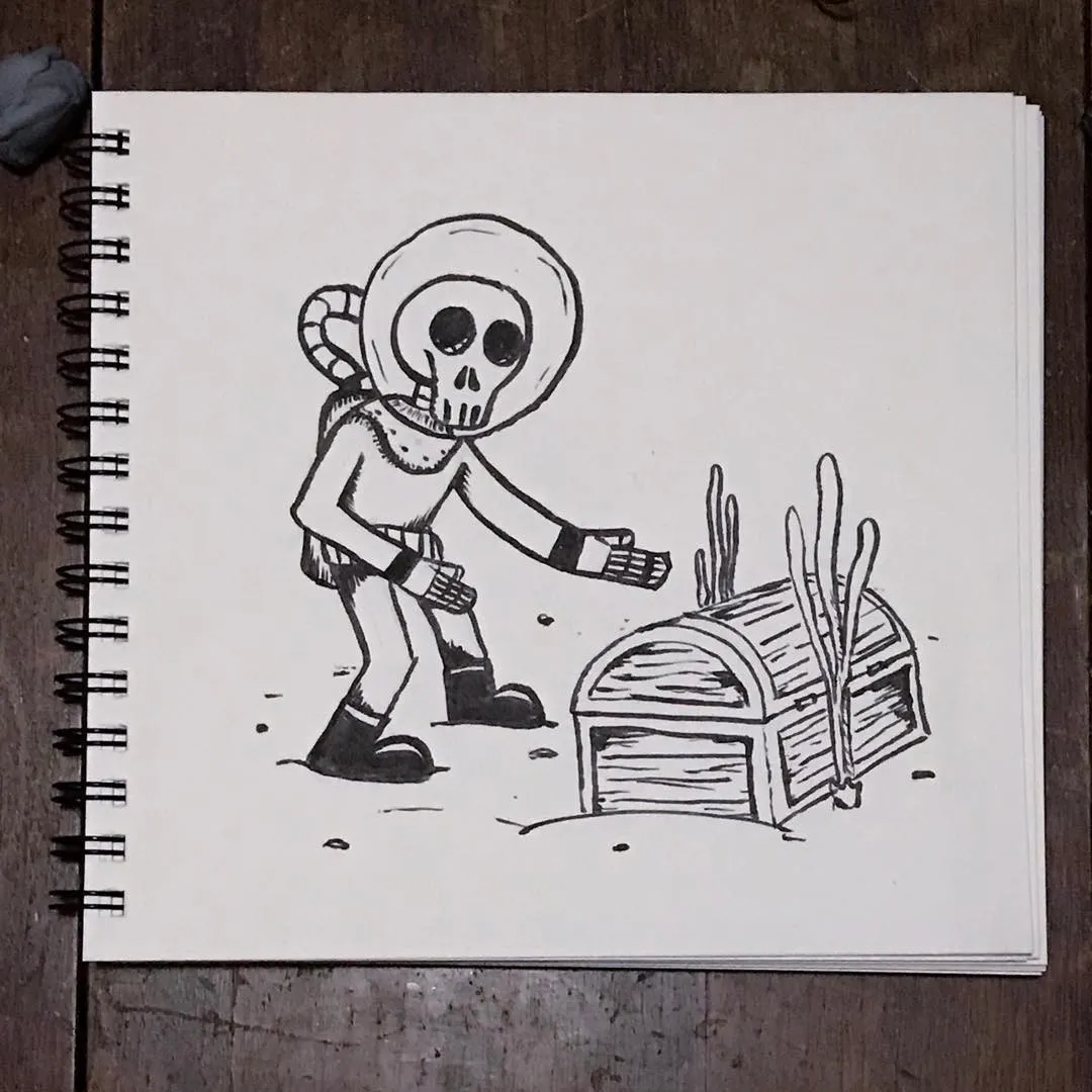 Black line art depicts a cartoon skull-headed figure standing beside a rectangular wooden container from which several sticks emerge.