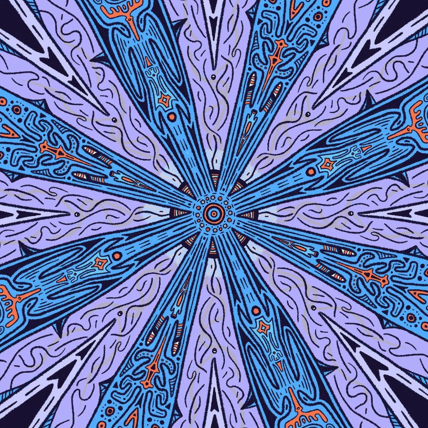 Intricate, symmetrical starburst pattern using deep blue, cyan, and lavender, with radiating beams filled with stylized tribal and geometric motifs.