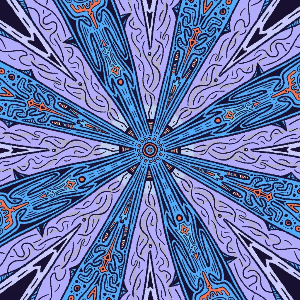 Intricate, symmetrical starburst pattern using deep blue, cyan, and lavender, with radiating beams filled with stylized tribal and geometric motifs.