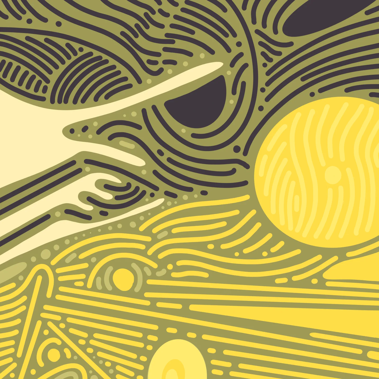 Overlapping abstract shapes filled with dense, repeating linear patterns, including stripes, swirls, and circles, rendered in mustard yellow, olive green, and pale beige.