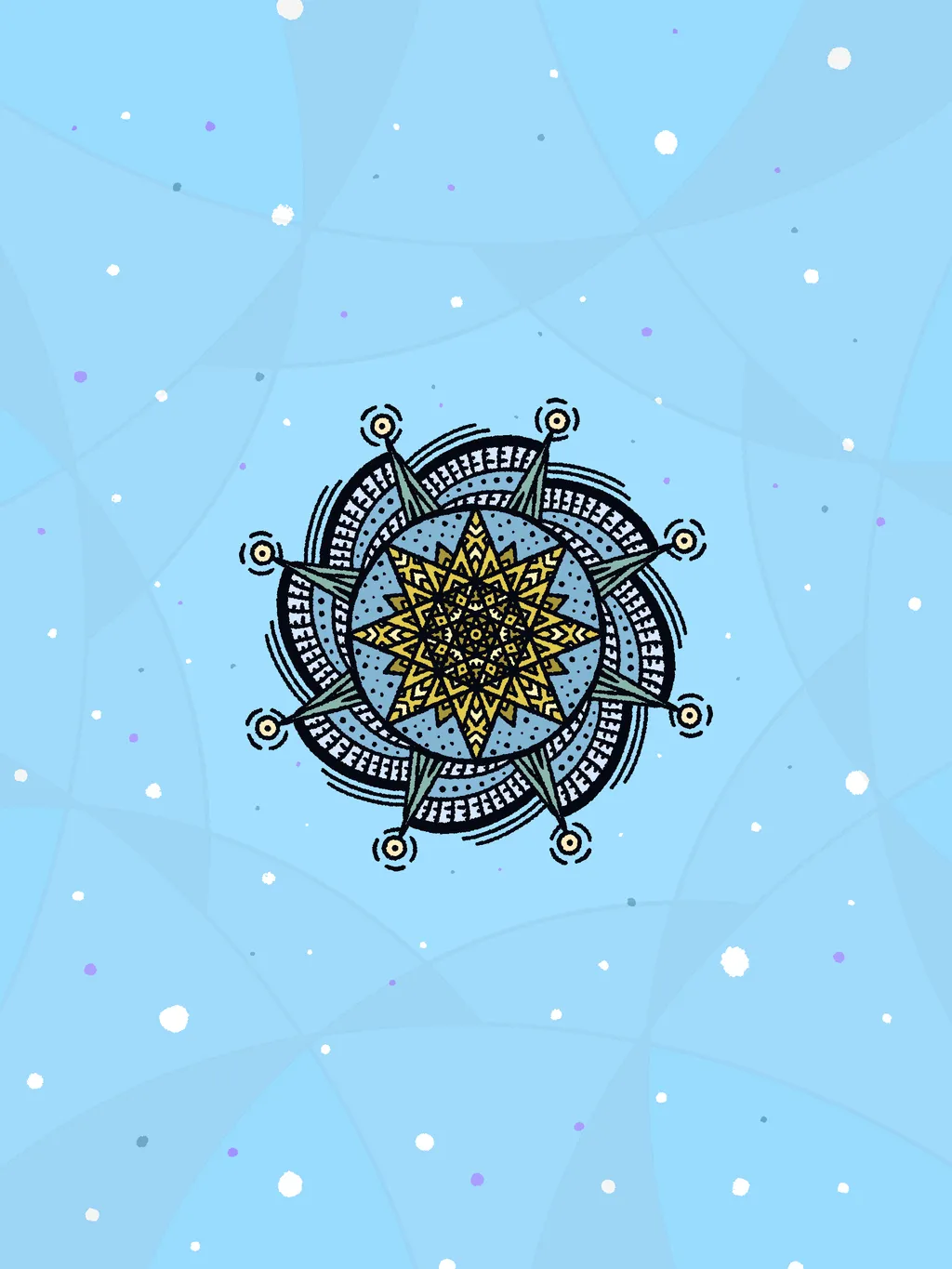 A complex, geometric mandala featuring yellow, black, and blue patterns is centered on a light blue background marked by faint swirls and scattered white dots.
