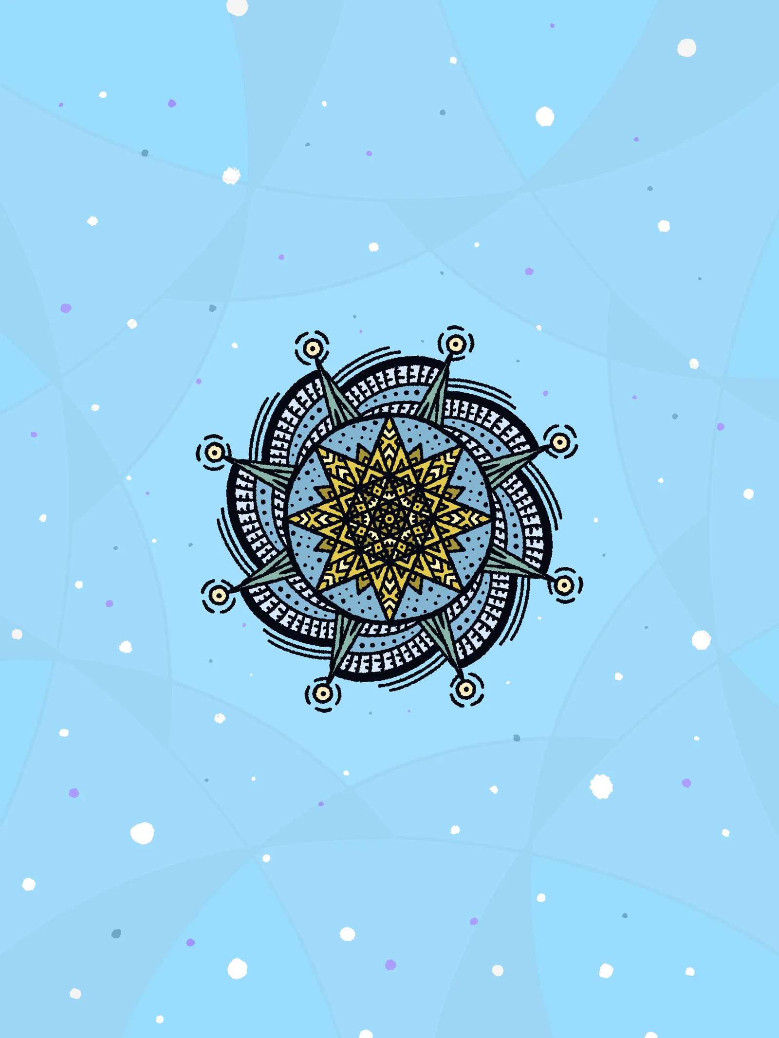 A complex, geometric mandala featuring yellow, black, and blue patterns is centered on a light blue background marked by faint swirls and scattered white dots.