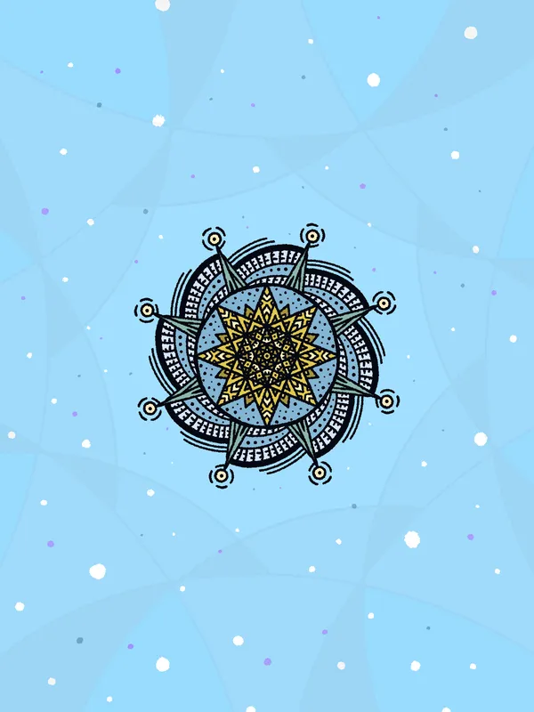 A complex, geometric mandala featuring yellow, black, and blue patterns is centered on a light blue background marked by faint swirls and scattered white dots.
